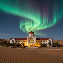 Magical college in a desert with northern lights