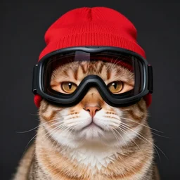 a cat wearing a red ski mask beanie over its face with black ski goggles, photorealistic