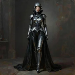 full body portrait of beautiful gothic and futuristic fashion model, elegant smooth space armour, cyber armour, helmet, highly detailed, artstation, illustration, composition, 8 k quality, art by jean delville, rene magritte, hyperrealism oil painting