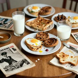 color photograph of a dining table, breakfast, glass of milk, mess, 1 9 9 0 photo magazines