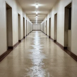 Beautiful Photograph of an infinitely tiled infinite hallway with water water water  water on the floor
