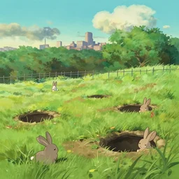 a wholesome animation key shot of a cute empty daytime august landscape with rabbit holes, metal fence and new york city in far distance, studio ghibli, pixar and disney animation, sharp, rendered in gouache painting, anime key art by greg rutkowski, bloom, dramatic, dynamic lighting