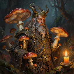 fine painting of a wizard from an ancient culture with mushrooms growing from his body, candlelight, 8 k, ultra realistic, lens flare, atmosphere, glow, detailed, intricate, full of colour, cinematic lighting, trending on artstation, 4 k, hyperrealistic, focused, extreme details, unreal engine 5, cinematic, masterpiece