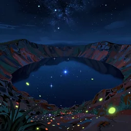 concept art by jama jurabaev, cel shaded, cinematic shot, trending on artstation, high quality, brush stroke, vibrant colors, night under the starry sky, the lake surface of the crater is dotted with stars, and fluorescent petals fall in the picture