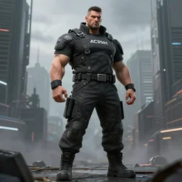 A broad shouldered, muscular man in a Acronym Riot Division techwear outfit, Acronym P31-ds pants, trending on r/techwearclothing, high quality, digital art, dire cyberpunk city, gray sky, greg rutkowski