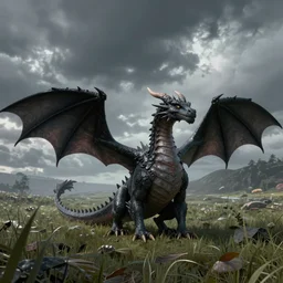 A dragon stands in the middle of a meadow, dark atmosphere, mattepainting concept Blizzard pixar maya engine on stylized background splash comics global illumination lighting artstation  lois van baarle, ilya kuvshinov, rossdraws