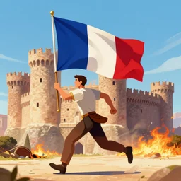 a man holding a roman flag running into a burning castle.