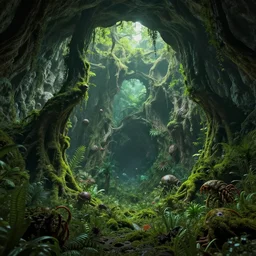overgrown deep underground cave on an exotic alien planet with a lush jungle archway of insectile trees, mossy overgrowth, crustacean - like weeds, by rodney matthews, al feldstein and ian miller, artstation, octane, ue 5, photorealistic rende