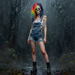 full body pose, mixed media painting of a grungy skull woman with rainbow hair, soft eyes and narrow chin, dainty figure, torn overalls, short shorts, combat boots, side boob, wet tshirt, wet, raining portrait, extremely hyper - detailed, intricate, epic composition, very detailed, masterpiece, stunning,