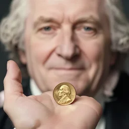 a closeup photorealistic photograph of a happy George Washington holding a small gold Doubloon coin in the palm of his hand. This 4K HD image is Trending on Artstation, featured on Behance, well-rendered, extra crisp, features intricate detail and the style of Unreal Engine.
