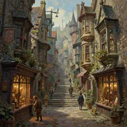 a busy street within a fascinating old fantasy city, quirky shops, narrow streets, old buildings, old stone steps, street life, by Sylvain Sarrailh,  cinematic, stunning composition, beautiful digital painting, oil painting,  dungeons and dragons, lord of the rings