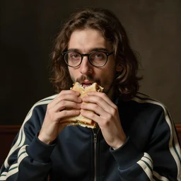 realistic portrait of tiktoker danny mondello eating a sandwich, italian guy in a tracksuit in staten island, italian guy with glasses long brown hair and a goatee, renaissance portrait painting, greg rutkowski, beautiful light