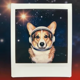 weathered old analog polaroid portrait photograph of a corgi wearing a space helmet, azure and red tones, space, stars, nebula, lensflare, sunlight, glare, depth of field, bokeh, filmgrain, red color bleed