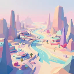 a scifi landscape low poly 3D by Dan Mumford, by Tokio Aoyama,trending on artstation,intricate,2d,4k,pastel colors