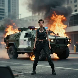 Candid extreme wide shot of a poor techwear mixed woman with short hair and tattoos outside of a futuristic Los Angeles on fire, a  police MRAP on fire, cyberpunk, 4k, extreme long shot, desaturated, full shot, action shot, motion blur, depth of field, sigma 85mm f/1.4, high resolution, 4k, 8k, hd, full color, award winning photography, war photography