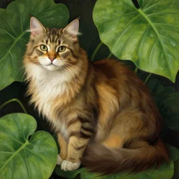 a maincoon cat among big green leaves, digital painting, very detailed, in the style of mantegna