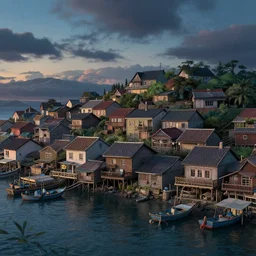 a hyper detailed hyper realistic 3 - d rendering of quaint fishing village, evening sky, studio ghibli, octane render, 8 k, dramatic lighting