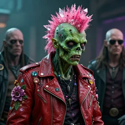 action shot of a punk rock zombie with green skin and pink crystal mohawk, red leather jacket, covered in florals and gems, digital art, octane render, fantasy, photorealistic, cinematic lighting, art by hajime sorayama, wayne barlowe, boris vallejo