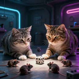 cats rolling dice with rats, neon basement, by syd mead