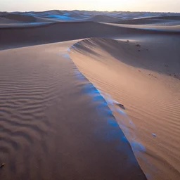 the desert is cold that morning as the rough dirt transitions unnaturally to sand. as the light rises the edges of the dunes glow blueish, the sunlight twisted and refracted. artstation, cgsociety