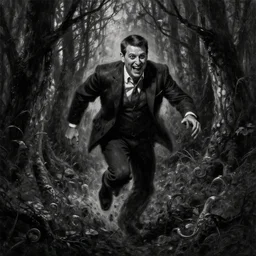 Ted Cruz with a wide grin chases you through a dark forest, black and white, creepy lighting, scary, horror, ornate, eerie, fear, oil painting