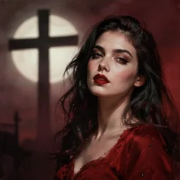 shameless woman whis impudent facial expression,  shadow of catholic church cross, elegant, dark and mysterious, atmospheric, red, trending on artstation, highly detailed, digital painting, volumetric light, concept art, illustration