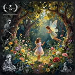 a whimsical garden scene. In the art installation, a young girl can be seen playing among the flowers and trees, while a fairy watches over her. blueprint by Raphael Lacoste, by Kent Monkman ghastly