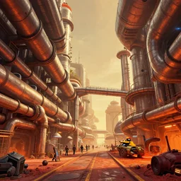 a curvilinear zaha hadid space-station city street with massive piping inspired by a nuclear reactor submarine and maschinen krieger, ilm, beeple, star citizen halo, mass effect, starship troopers, elysium, iron smelting pits, high tech industrial, warm saturated colours