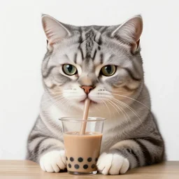 a gray tabby cat, with a white nose, drinking boba tea with a straw - by louis wain. highly detailed. cute.