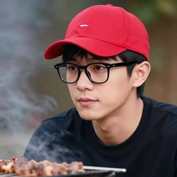 a photograph of a young jet li with wayfarer glasses and red baseball cap having a barbecue, by floro dery, shoji kawamori, and greg rutkowski, artstation, concept art, high quality illustration, mtmte, cover art