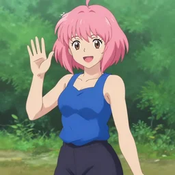 anime woman with short pink hair in a bob style, light brown eyes, blue tank top, black pants, waving and smiling, anime art style like princess Mononoke