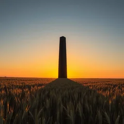 photograph of an obsidian tower in a grain field, golden hour