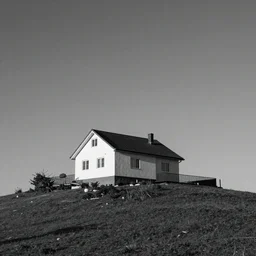 “Black and white image of a house on top of a hill”