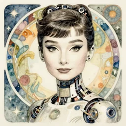korean audrey hepburn automata, intricate watercolor cyberpunk portrait by alphonse mucha