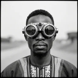an analogue symmetrical portrait photo of an Tribal Igbo man wearing futuristic mecha steam punk goggles, black & white, 35mm, f/1.4,