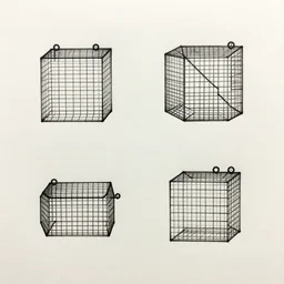 a wireframe expression of matrices, minimal, black ink stamped on off white paper