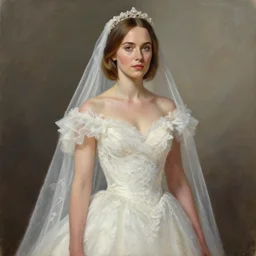 a painting of a girl resembling alicia vikander or millie bobby brown in a wedding dress, highly detailed, intricate, artstation, concept art, by artgerm