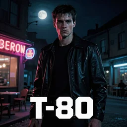 An dramatic,  iconic poster of an young man as the T-800 , outside an neon-lit cafe at night, with the moon out, detailed, ominous