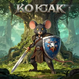 travel poster - mouse guard with sword and shield, male, tall root tree background, by greg rutkovski