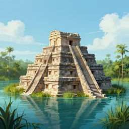 a historical illustration of a sunken aztec temple in the florida everglades, partly underwater, overgrown with moss and vines, alligators, foreboding, creepy, in the style of a historical illustration, pencil art, detailed, intricate