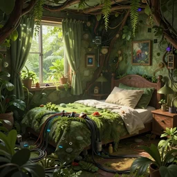 an intricate concept art illustration of an undergrowth cozy bedroom, yuumei art color palette, anime color, computer wires, digital art, photorealistic movie still, style ivan talavera and artgerm, radiant lighting, hyper realistic, photorealistic, octane render, trending on artstation, cgsociety, cinematic light, 8 k