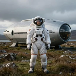 tourist astronaut in sci-fi suit, standing in the Isle of Harris, Scotland, a futuristic space caravan in the background, wide angle lens, photorealistic