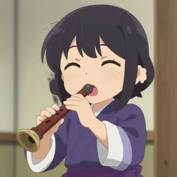 Renge Miyauchi from non non biyori, chibi anime, excited expression, playing a recorder