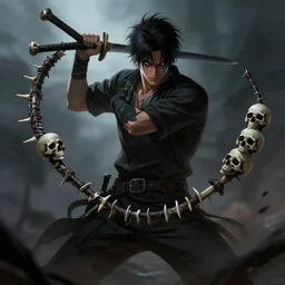 dark - haired dude wielding blade and a spine whip with skulls in hands, dramatic pose, 8 k, cinematic illustration, trending on artstation