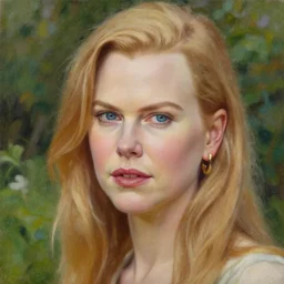 closeup portrait of nicole kidman in the garden, morning, highly detailed, ultrarealistic oil painting, vladimir volegov, artstation