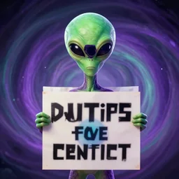 a one eyed green and purple alien holding up a political poster about aliens in front of his body, its expression is indifferent, the edges have a stylistic blur, photorealistic, high - res, incredibly detail, vortex