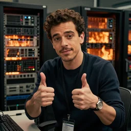 Rami Malek as a system administrator, doing a thumb up to the camera, there are servers in flames in the background, 35mm