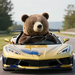 photograph of a bear driving a corvette