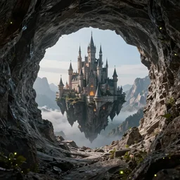 looping wormhole, quantic fisical castle floating high mountains inside hollow jewelry mine, fireflies, clean sky, hight contrast, void, 8 k resolution, unreal engine 5, hyper - detailed, perspective view, 2 4 mm lens, by simon bisley, beeple, justin gerard