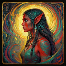 side profile centered painted portrait, female orc forest druid, red teal skin, tribal, d & d, gloomhaven, matte painting concept art, art nouveau, beautifully backlit, swirly vibrant color lines, fantastically gaudy, aesthetic octane render, 8 k hd resolution, by ilya kuvshinov and cushart krentz and gilleard james
